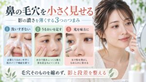 鼻の毛穴の影と段差を整える方法を示す美容ボード