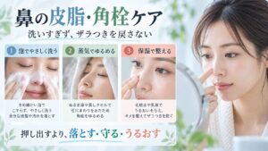 鼻の皮脂と角栓を洗いすぎずにケアする手順を示す美容ボード