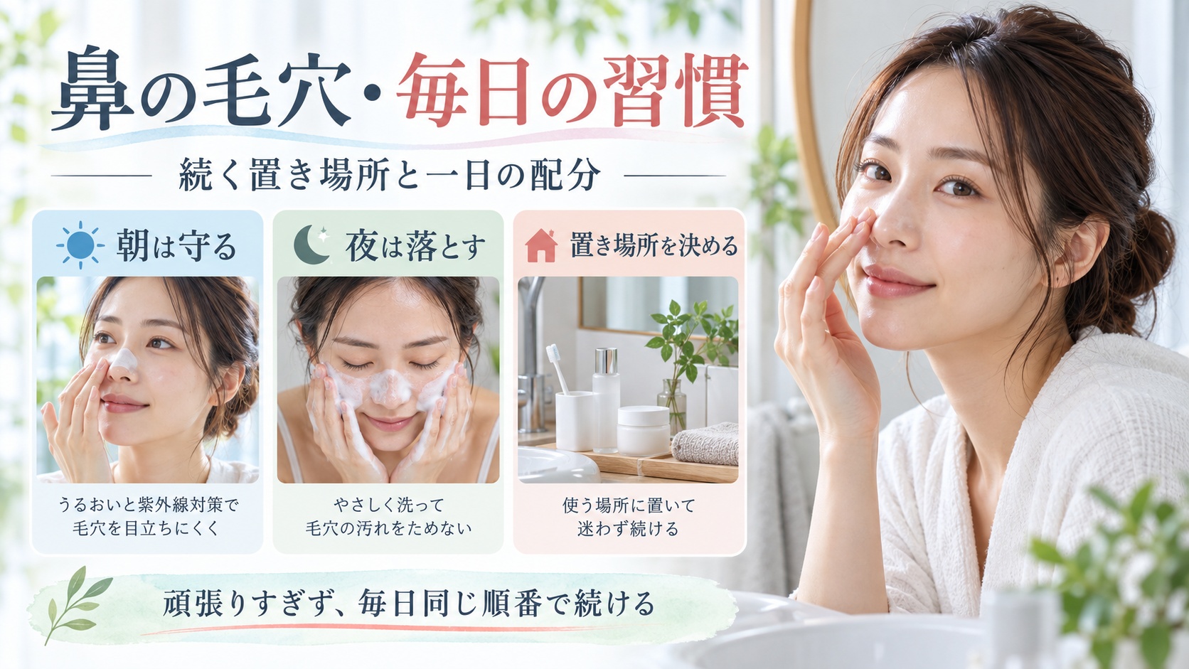 鼻の毛穴のための朝夜の毎日習慣を示す美容ボード