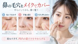 鼻の毛穴を平らにしてから薄くメイクで覆う手順を示す美容ボード
