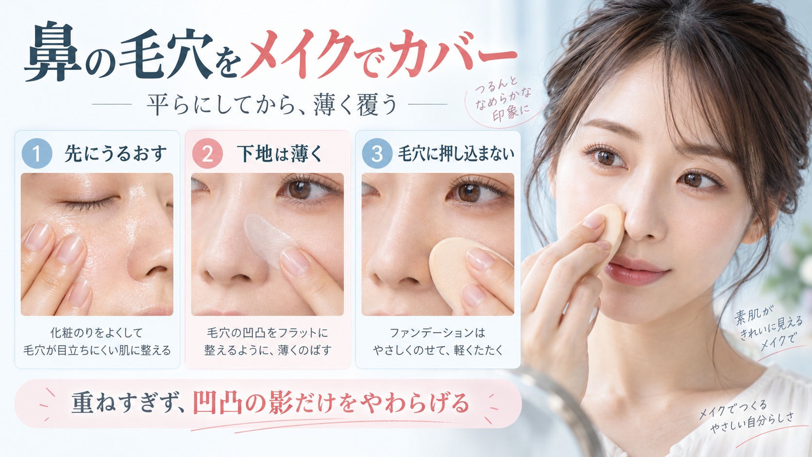 鼻の毛穴を平らにしてから薄くメイクで覆う手順を示す美容ボード