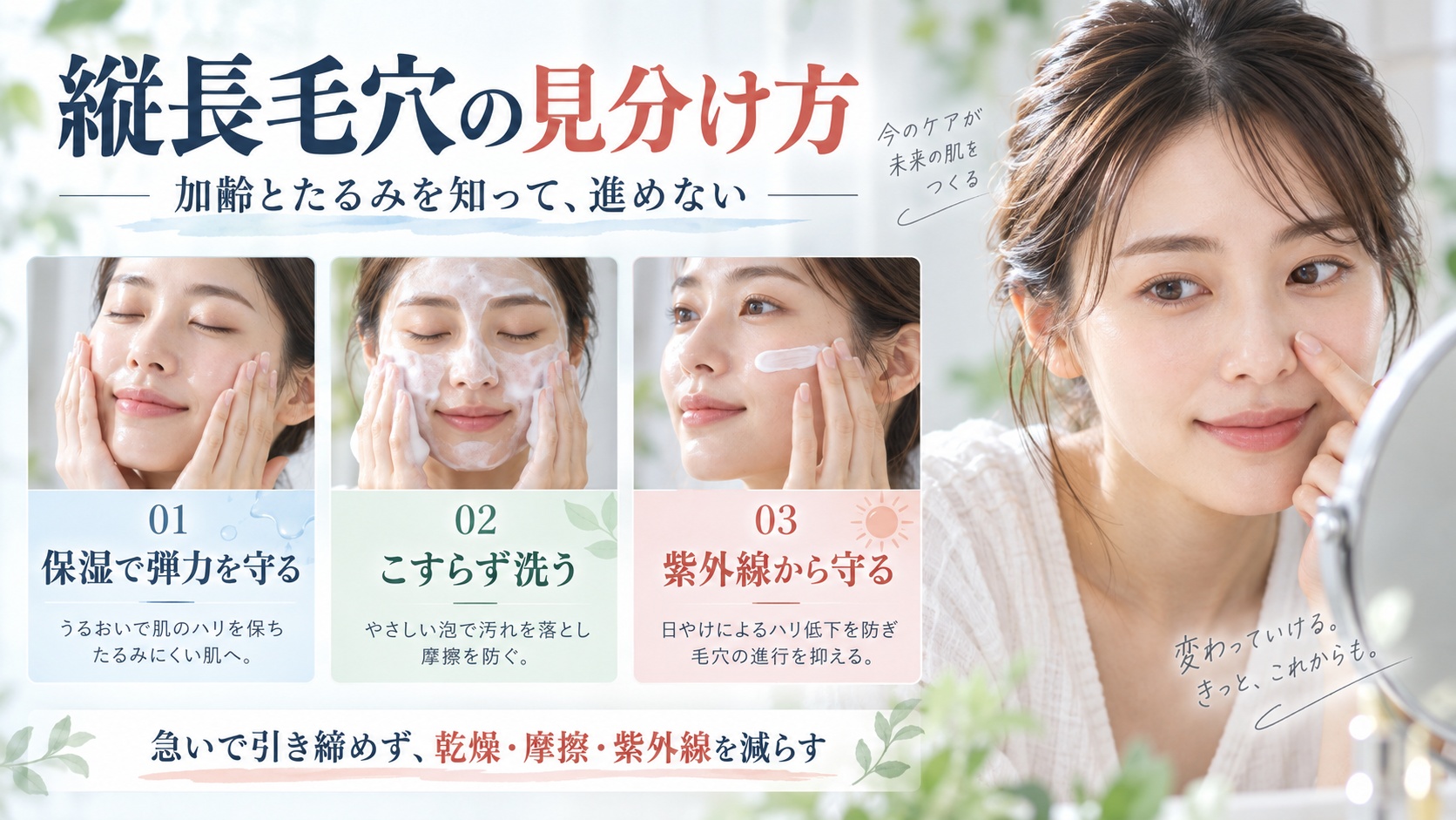 加齢とたるみによる縦長毛穴を保湿・洗浄・紫外線対策でケアする美容ボード