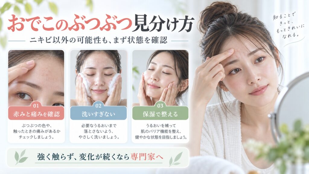 おでこのぶつぶつの状態を確認して整える方法を示す美容ボード