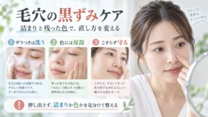 毛穴の黒ずみを詰まりと色に分けてケアする方法を示す美容ボード