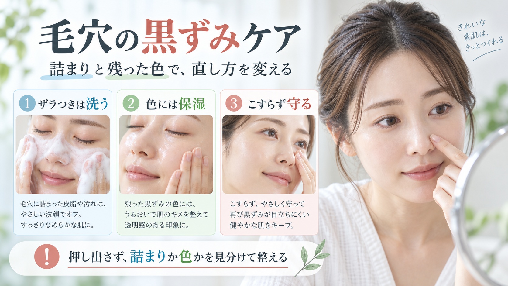 毛穴の黒ずみを詰まりと色に分けてケアする方法を示す美容ボード