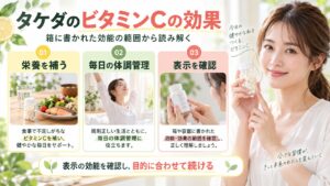 タケダのビタミンCの表示効能と毎日の取り入れ方を示す美容ボード