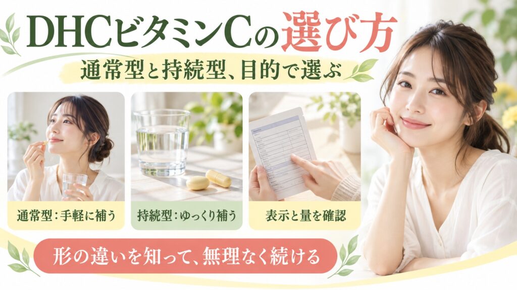 DHCのビタミンCの通常型と持続型の選び方を示す美容ボード