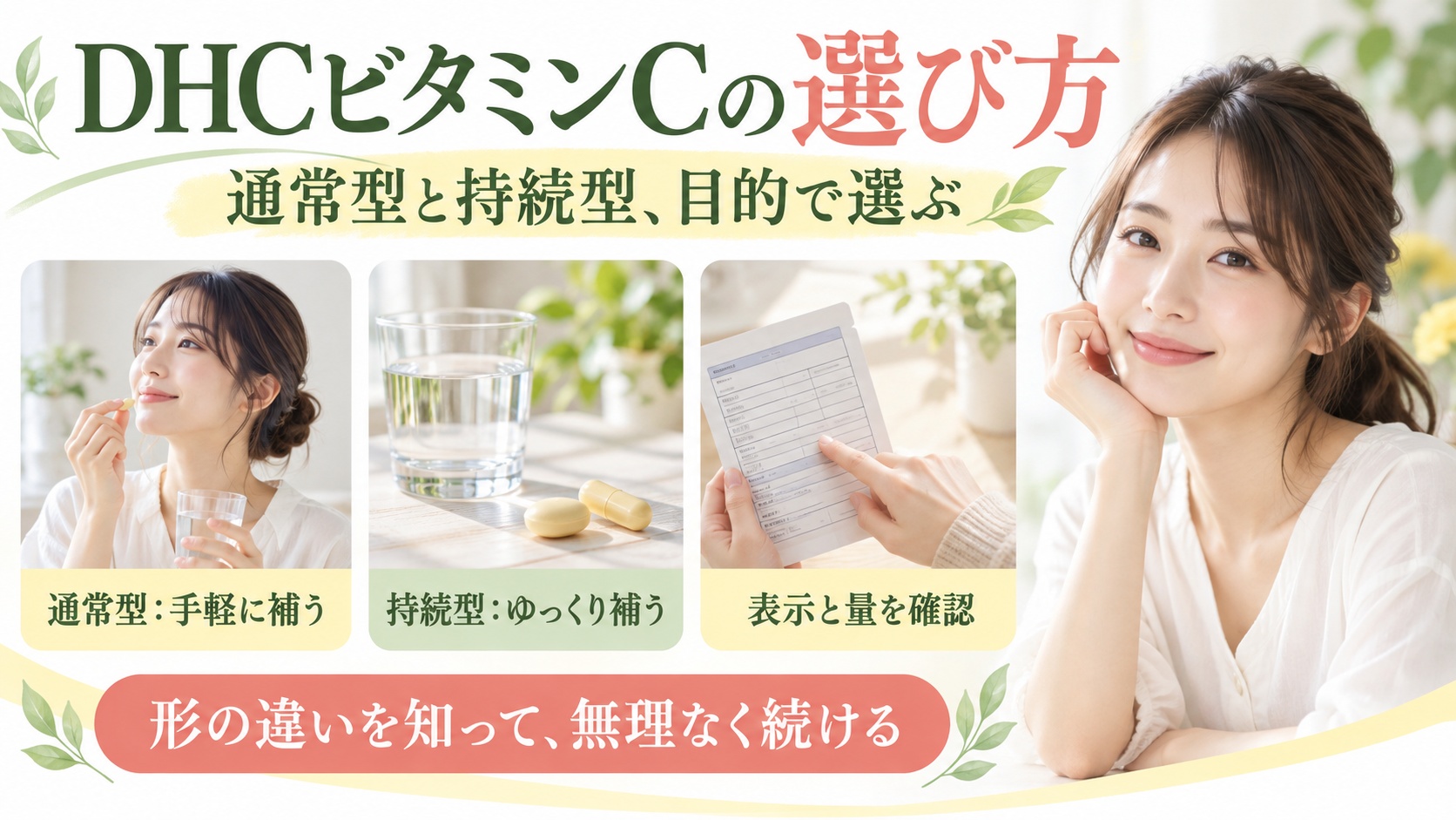 DHCのビタミンCの通常型と持続型の選び方を示す美容ボード