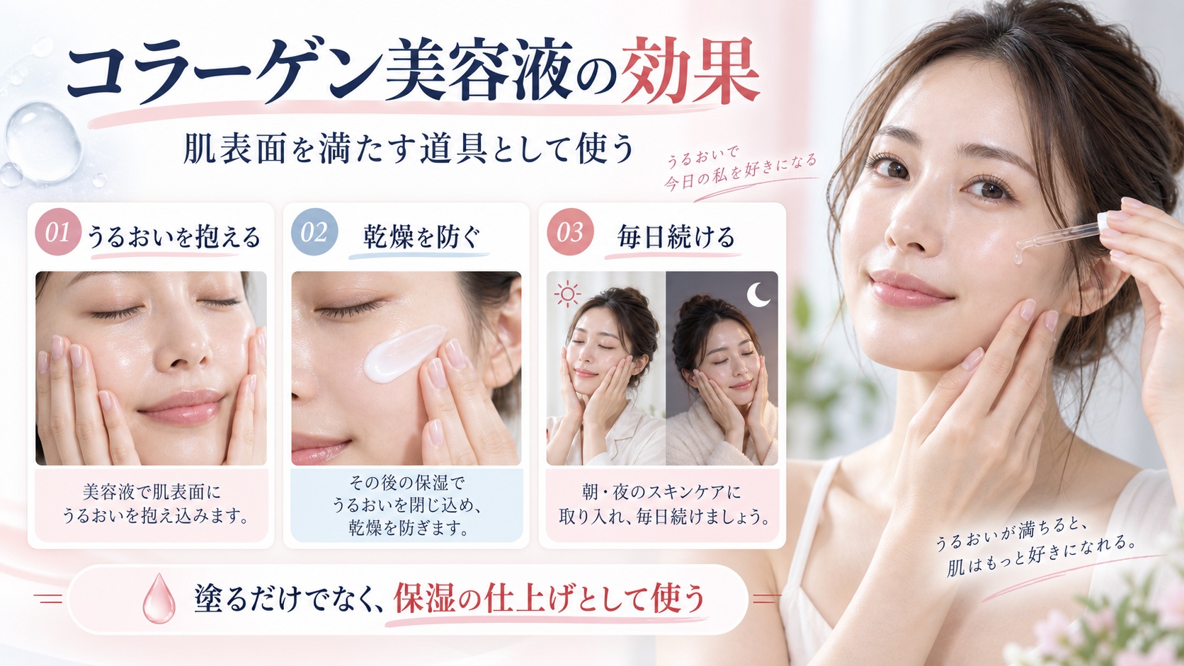コラーゲン美容液を保湿の仕上げとして使う方法を示す美容ボード