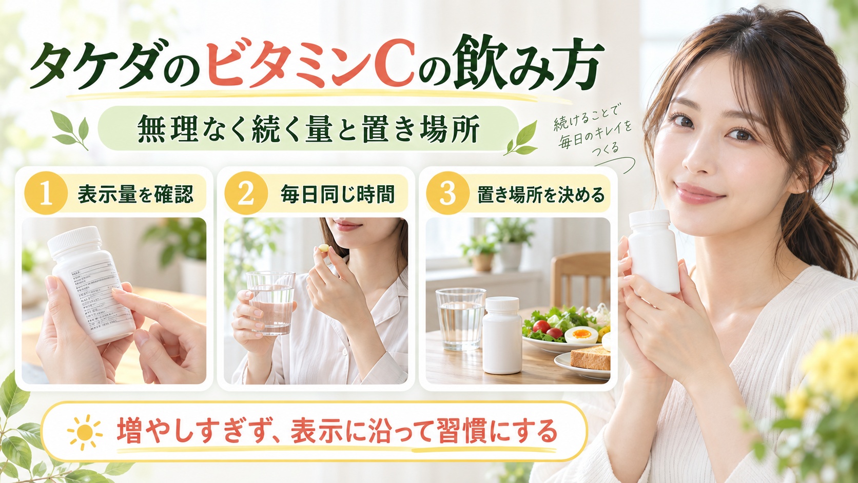 タケダのビタミンCの表示量と続けやすい飲み方を示す美容ボード
