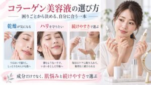 コラーゲン美容液を肌悩みと続けやすさで選ぶ方法を示す美容ボード