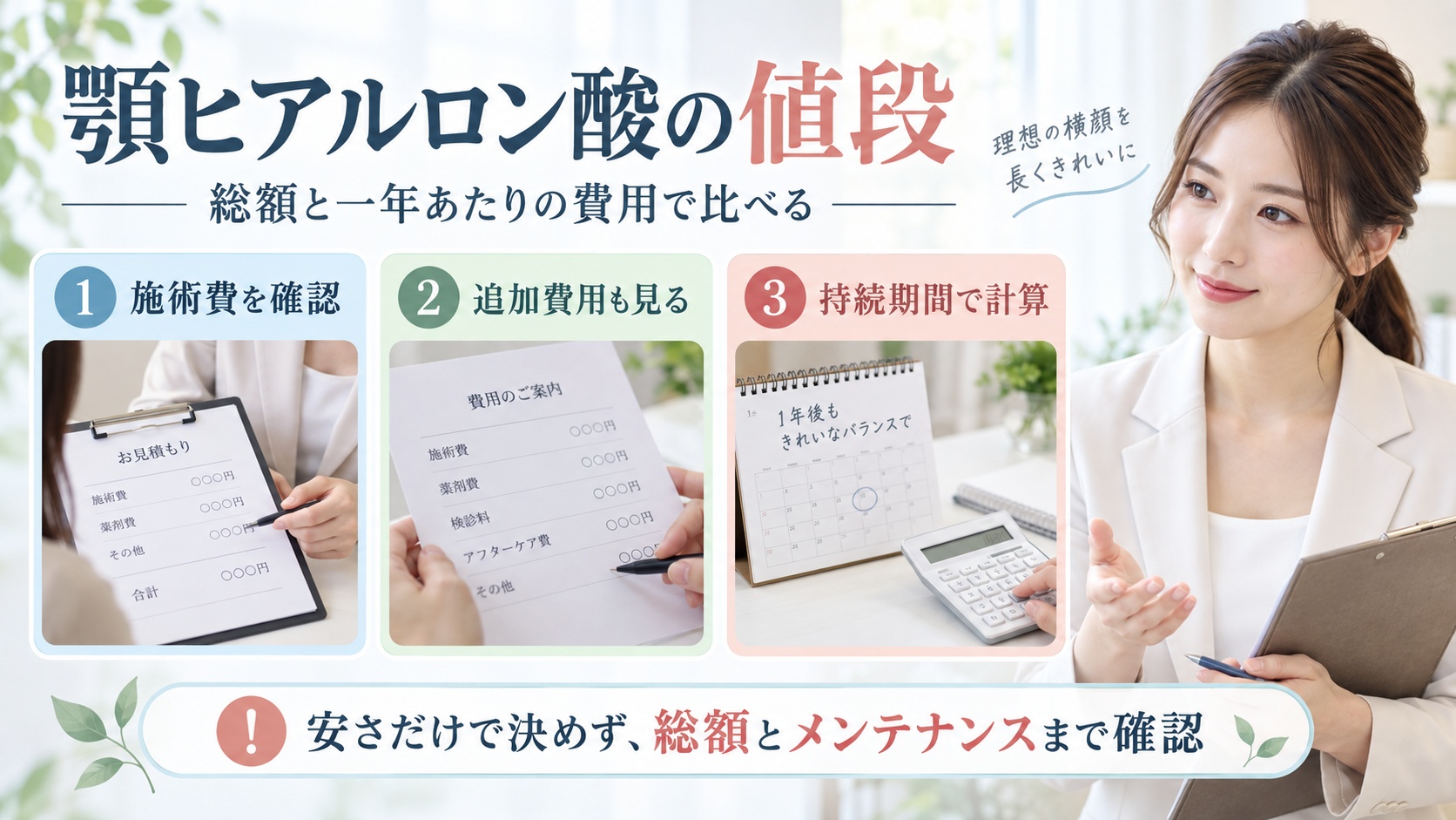 顎ヒアルロン酸の総額と一年あたりの費用を比べる方法を示す美容ボード