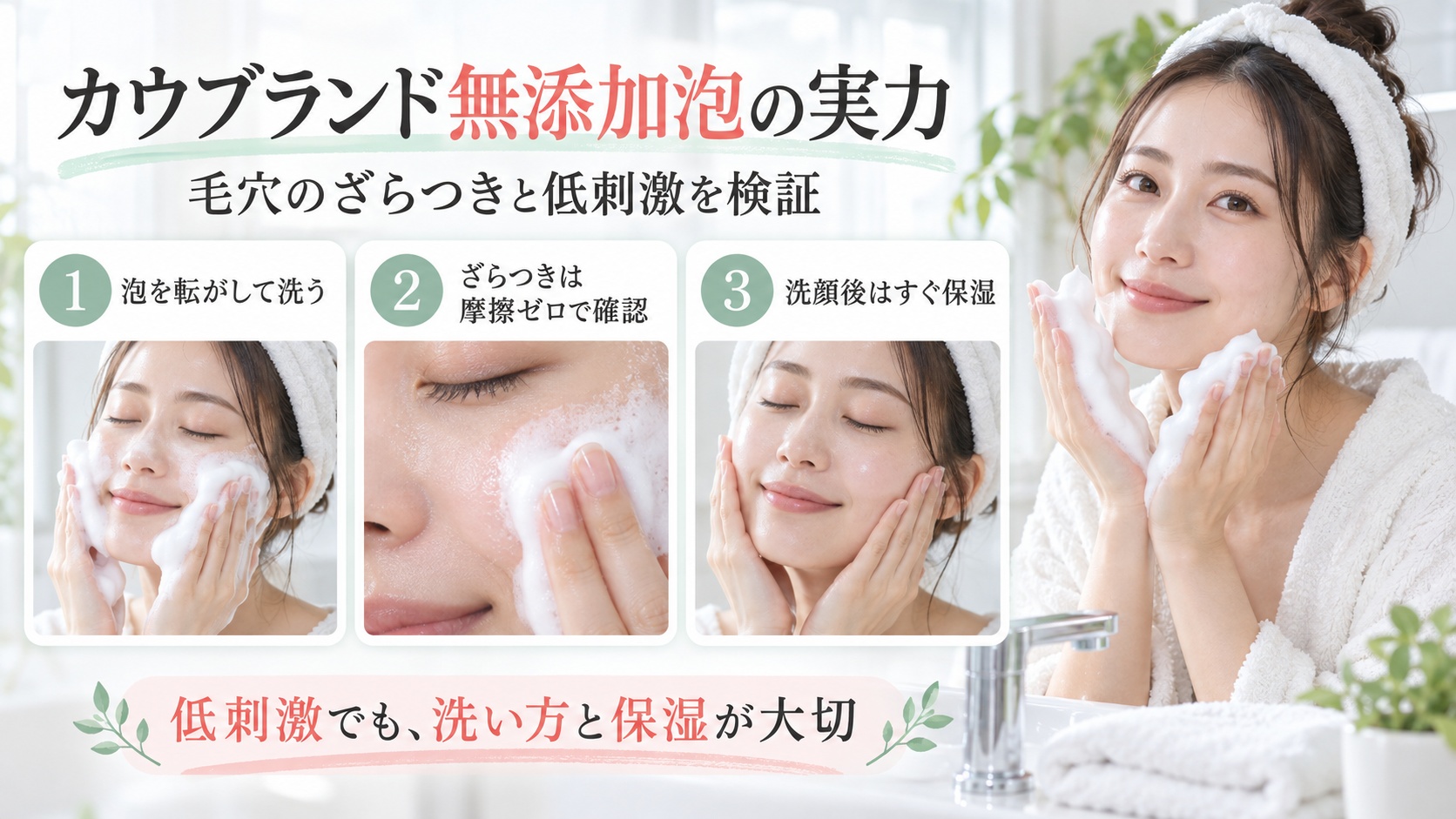 カウブランド無添加泡の洗顔料で摩擦を抑えて洗顔する方法を示す美容ボード