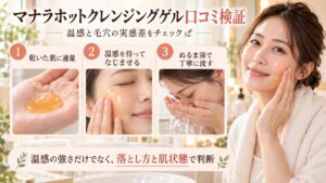 マナラホットクレンジングゲルの温感と毛穴ケアの手順を示す美容ボード