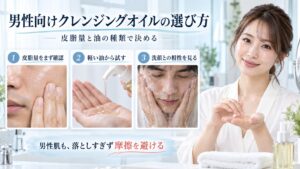 男性向けクレンジングオイルの選び方と摩擦を避ける洗顔手順を示す美容ボード