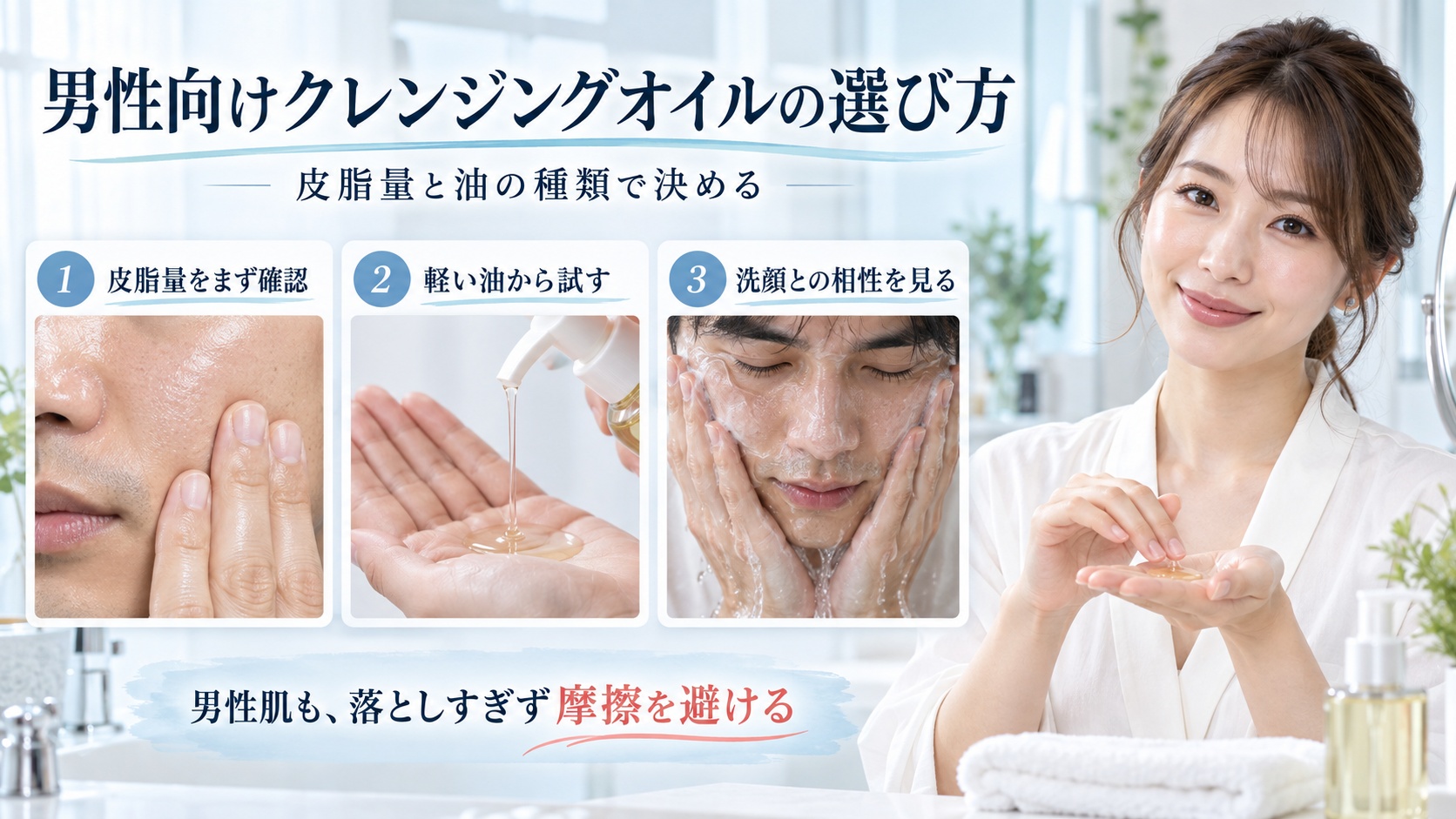 男性向けクレンジングオイルの選び方と摩擦を避ける洗顔手順を示す美容ボード