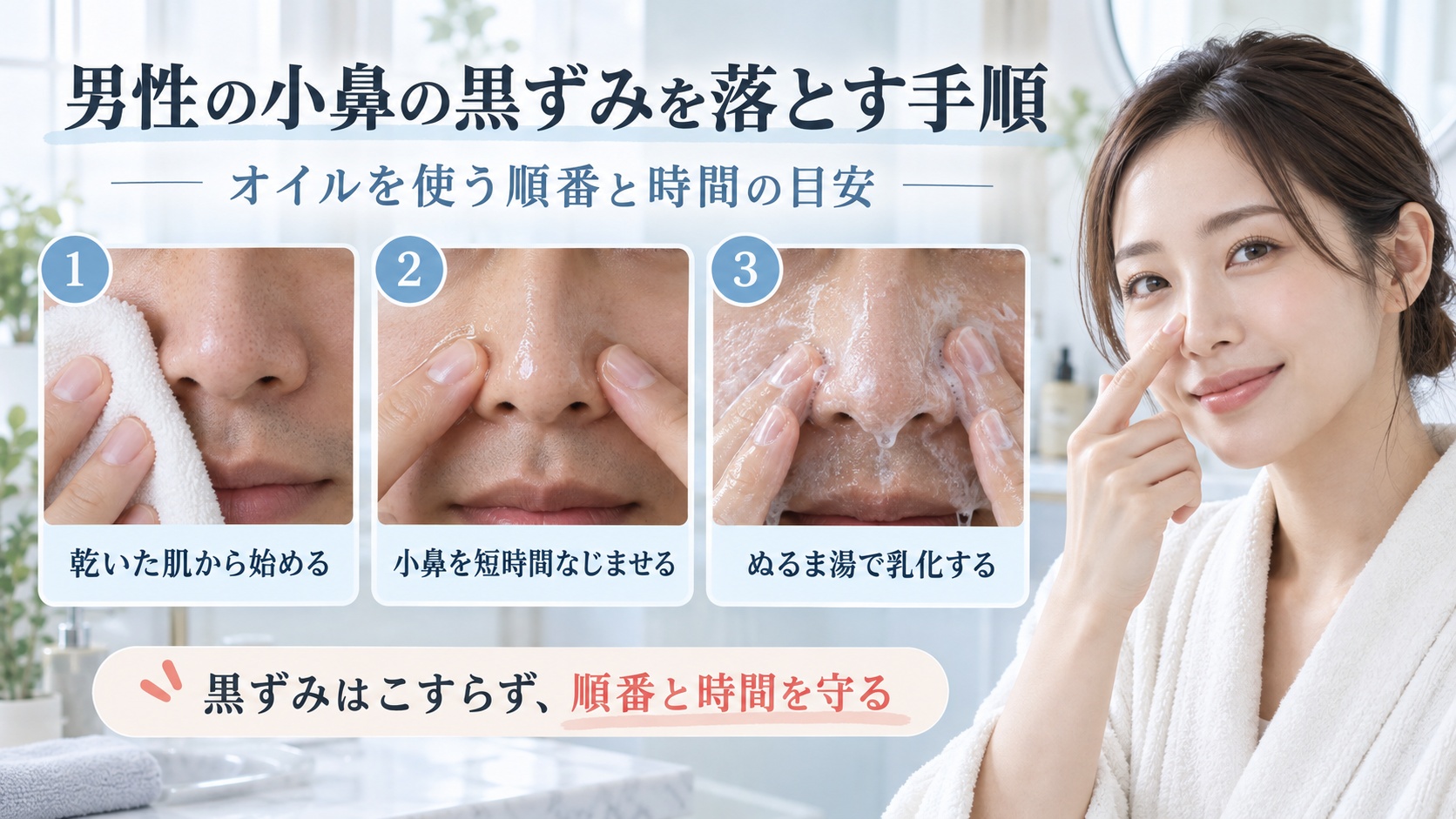 男性の小鼻の黒ずみを落とすクレンジングオイルの順番と時間を示す美容ボード