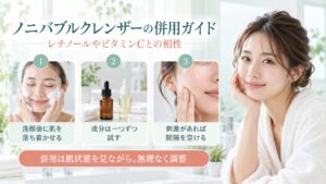 ノニバブルクレンザーとレチノールやビタミンCの併用手順を示す美容ボード