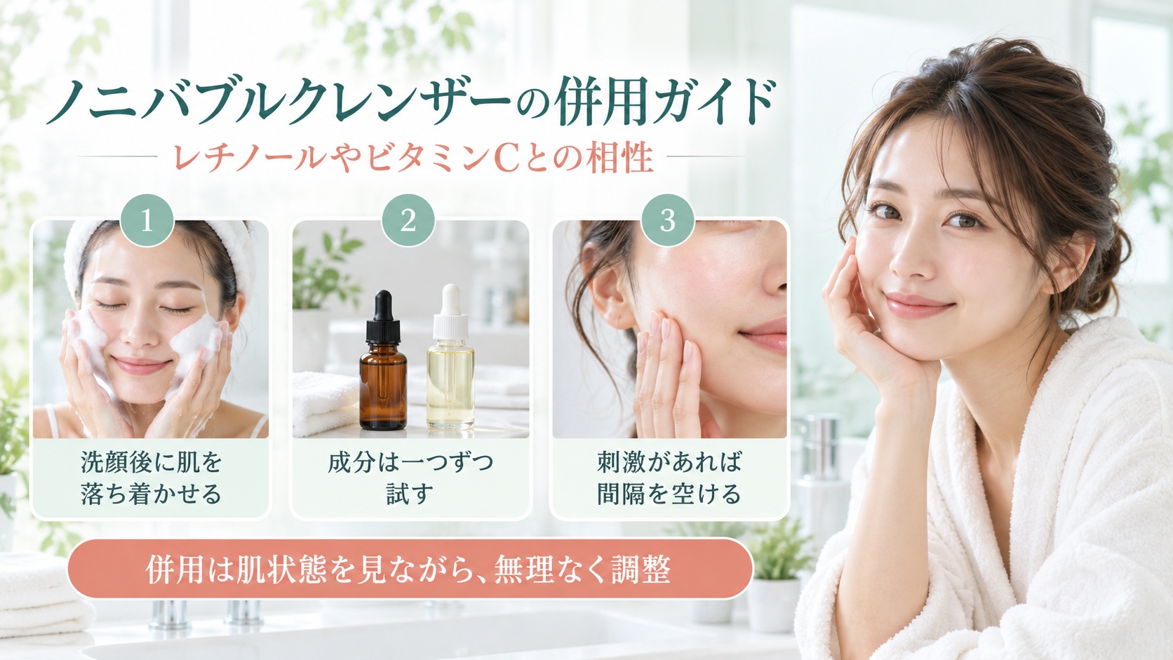 ノニバブルクレンザーとレチノールやビタミンCの併用手順を示す美容ボード