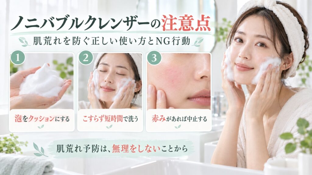 ノニバブルクレンザーで肌荒れを防ぐ正しい洗顔方法を示す美容ボード