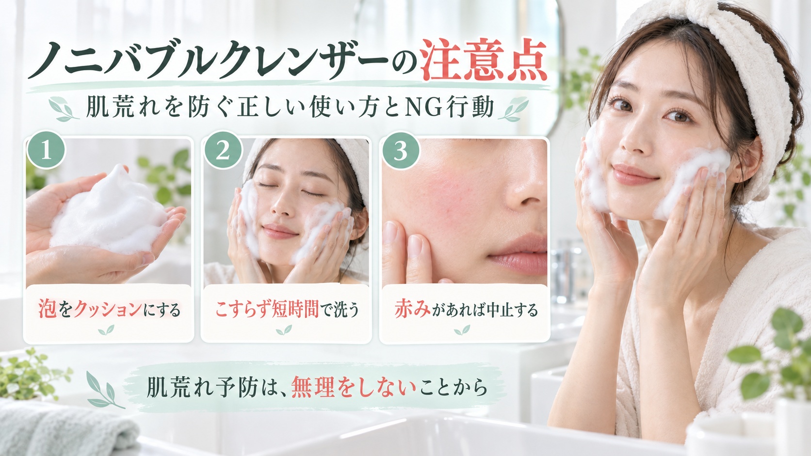 ノニバブルクレンザーで肌荒れを防ぐ正しい洗顔方法を示す美容ボード