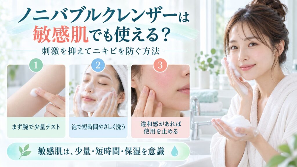 ノニバブルクレンザーを敏感肌で使うときの刺激を抑えた洗顔方法を示す美容ボード