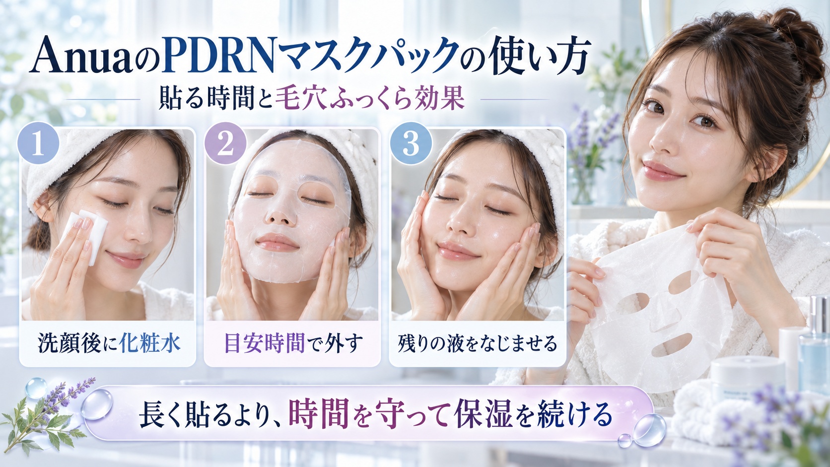 AnuaのPDRNマスクパックを貼る時間と保湿の手順を示す美容ボード