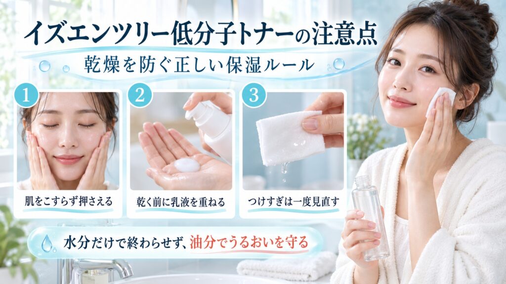 イズエンツリー低分子トナーで乾燥を防ぐ正しい保湿方法を示す美容ボード