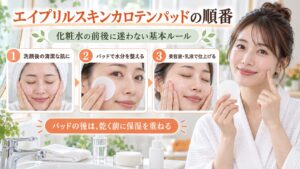 エイプリルスキンカロテンパッドと化粧水や美容液の正しい順番を示す美容ボード