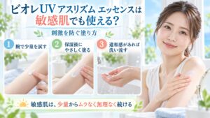ビオレUVアスリズムエッセンスを敏感肌で使うときの刺激を抑えた塗り方を示す美容ボード