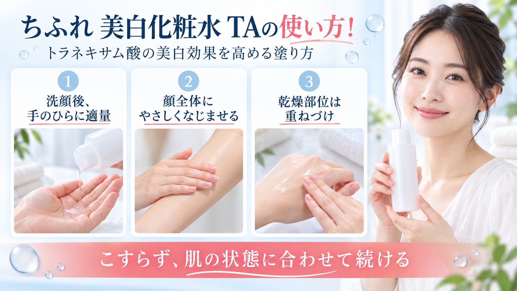 ちふれ美白化粧水TAの使い方を3ステップで示す美容ボード