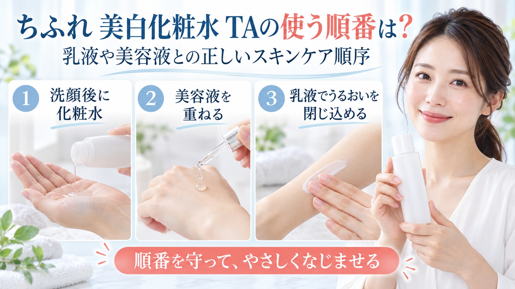 ちふれ美白化粧水TAと美容液・乳液の正しい順番を3ステップで示す美容ボード