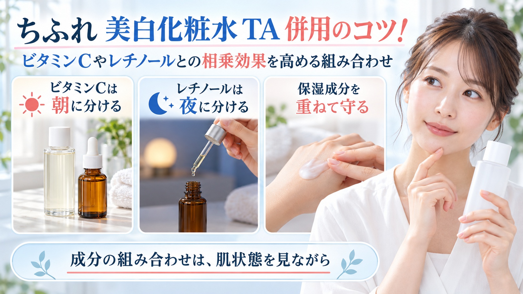 ちふれ美白化粧水TAとビタミンC・レチノール・保湿成分の組み合わせを示す美容ボード