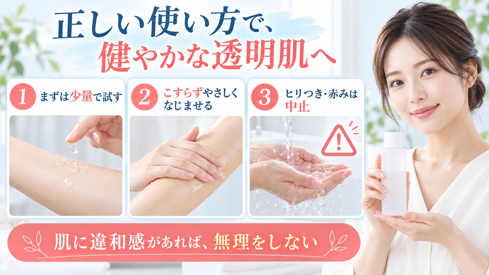 ちふれ美白化粧水TAの注意点と正しい使い方を3ステップで示す美容ボード