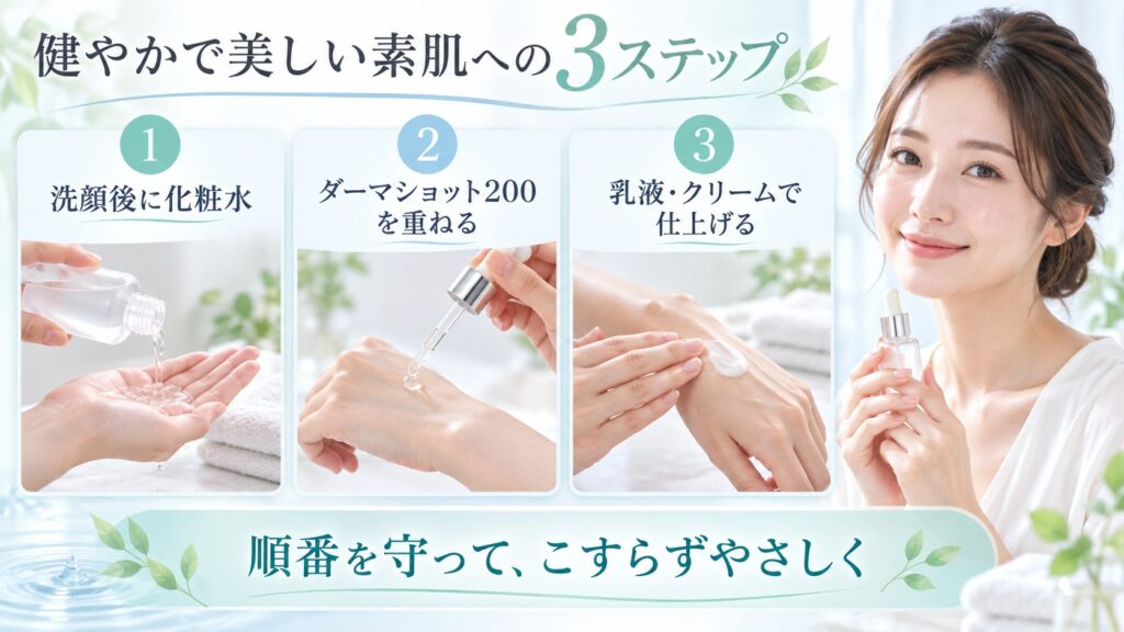 ESIENCE CICA×AZ ダーマショット200と化粧水・乳液の正しい順序を3ステップで示す美容ボード