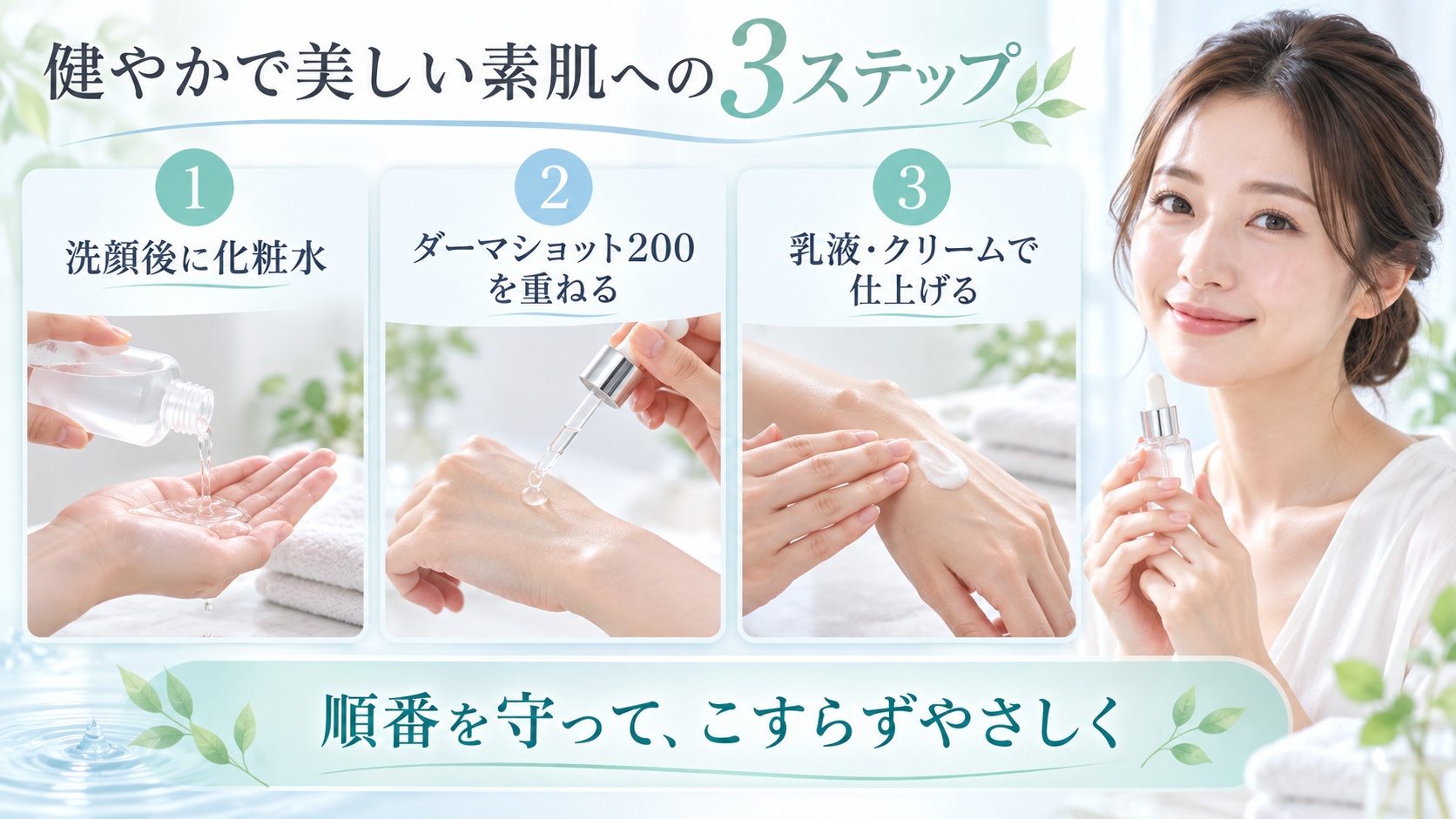 ESIENCE CICA×AZ ダーマショット200と化粧水・乳液の正しい順序を3ステップで示す美容ボード