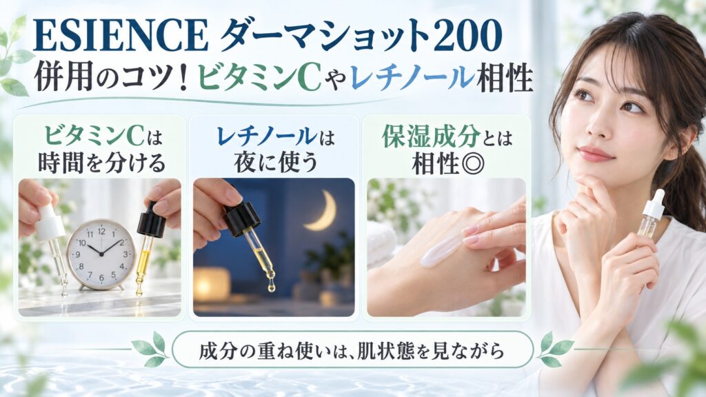 ESIENCE ダーマショット200とビタミンC・レチノール・保湿成分の併用のコツを示す美容ボード