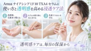 Anuaナイアシンアミド10 TXA4セラムの使い方を3ステップで示す美容ボード
