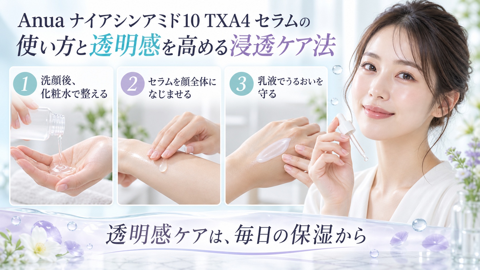 Anuaナイアシンアミド10 TXA4セラムの使い方を3ステップで示す美容ボード