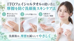 ITOフェイシャルタオルで摩擦を防ぐ洗顔後ケアを3ステップで示す美容ボード