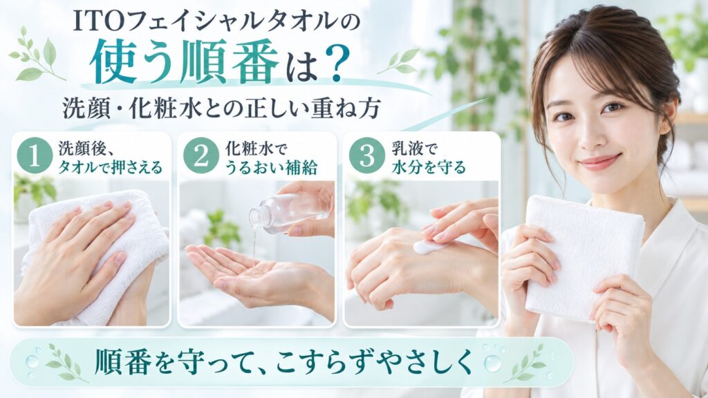 ITOフェイシャルタオルと洗顔・化粧水・乳液の正しい順番を3ステップで示す美容ボード