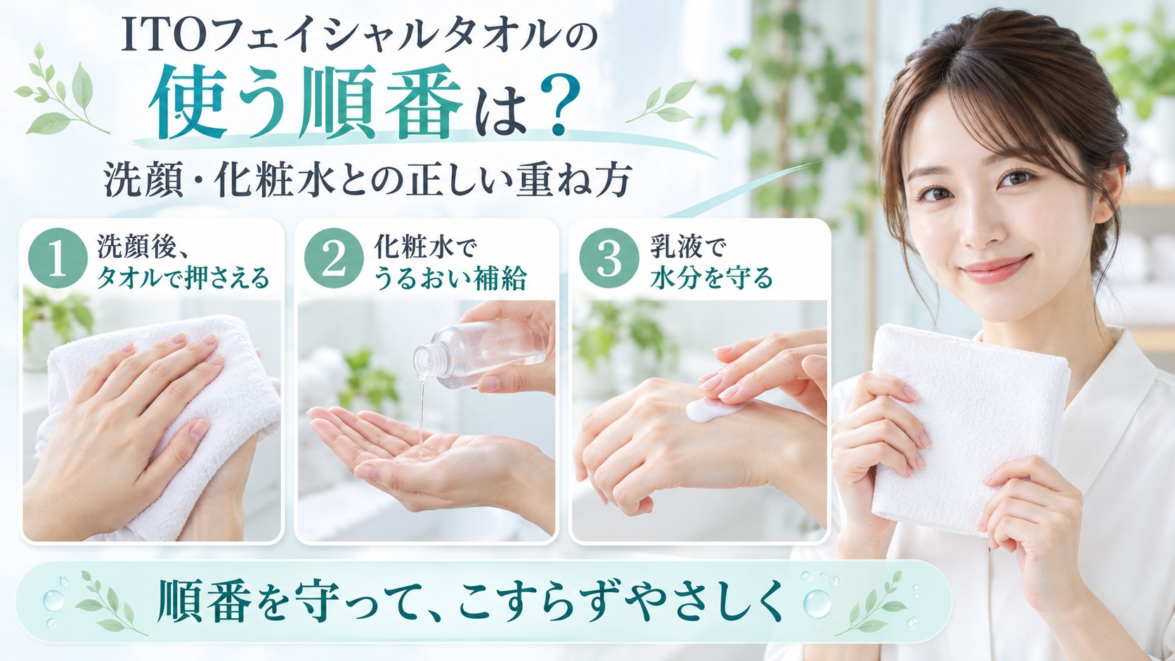 ITOフェイシャルタオルと洗顔・化粧水・乳液の正しい順番を3ステップで示す美容ボード