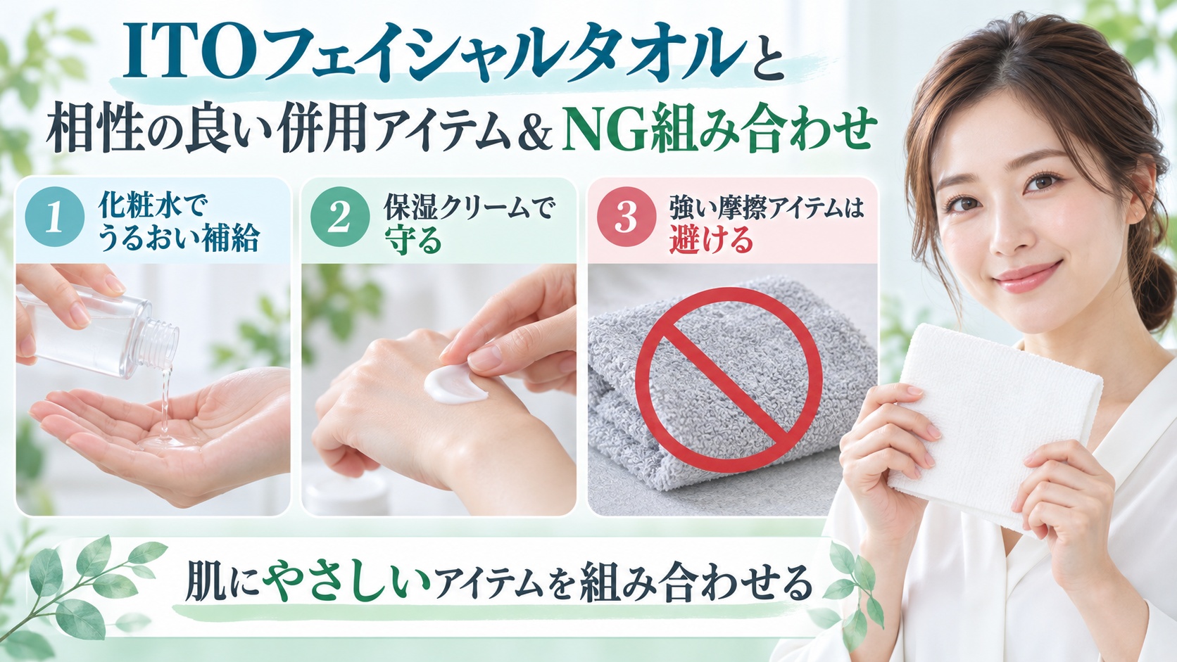 ITOフェイシャルタオルと相性の良い保湿アイテム・NG組み合わせを示す美容ボード