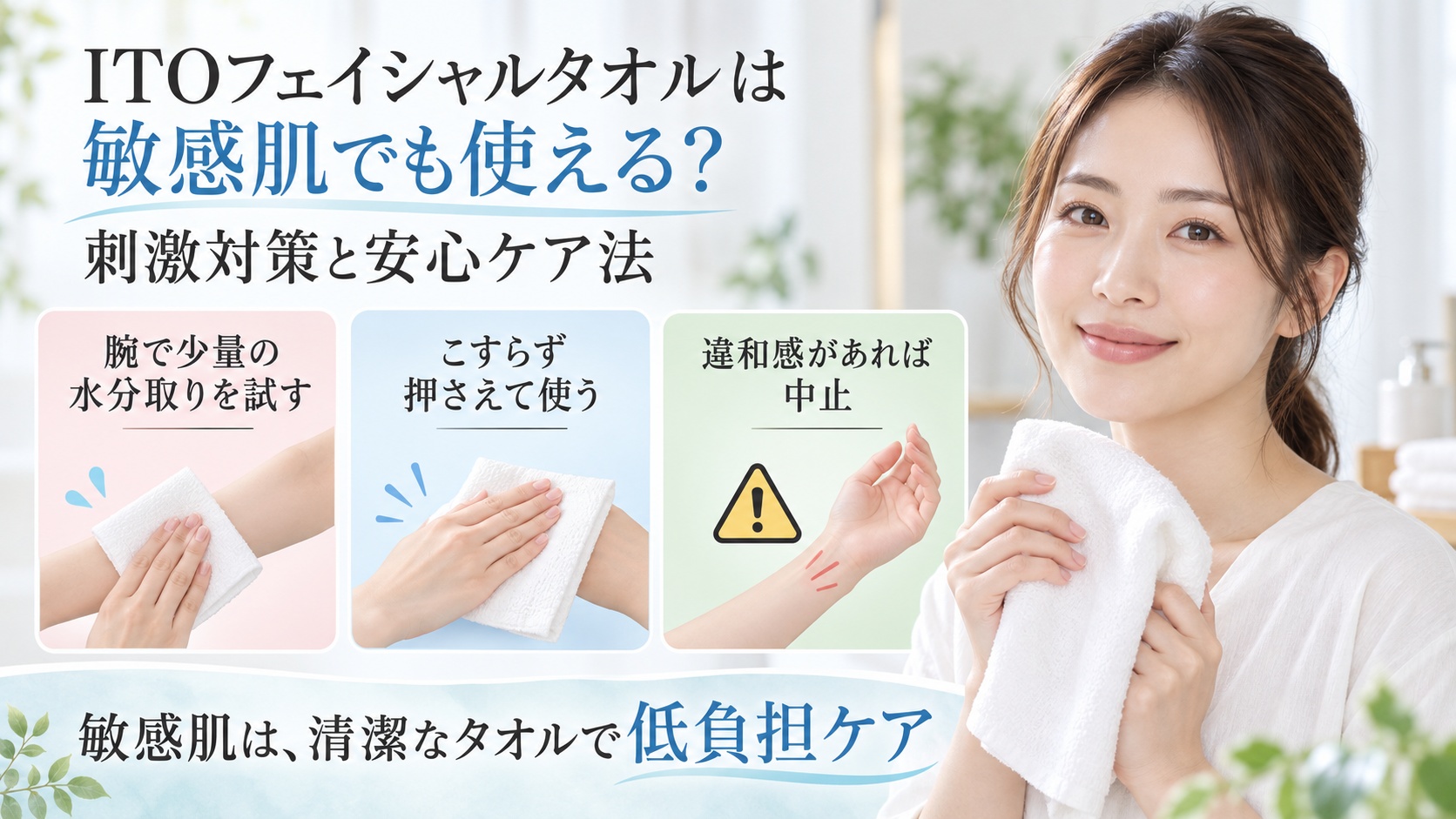ITOフェイシャルタオルを敏感肌向けに低刺激で使う3つの対策を示す美容ボード