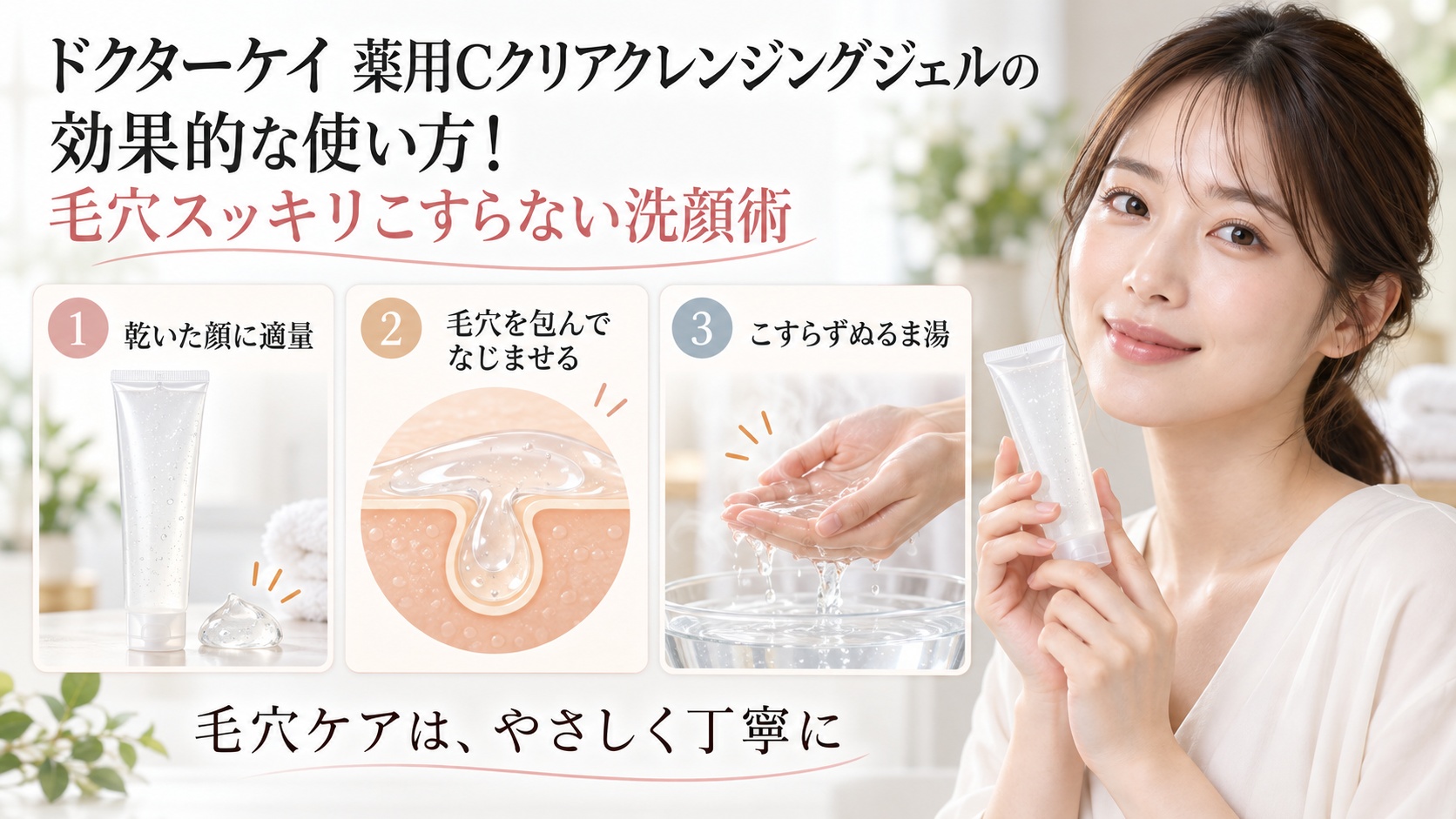 ドクターケイ薬用Cクリアクレンジングジェルのこすらない使い方を3ステップで示す美容ボード