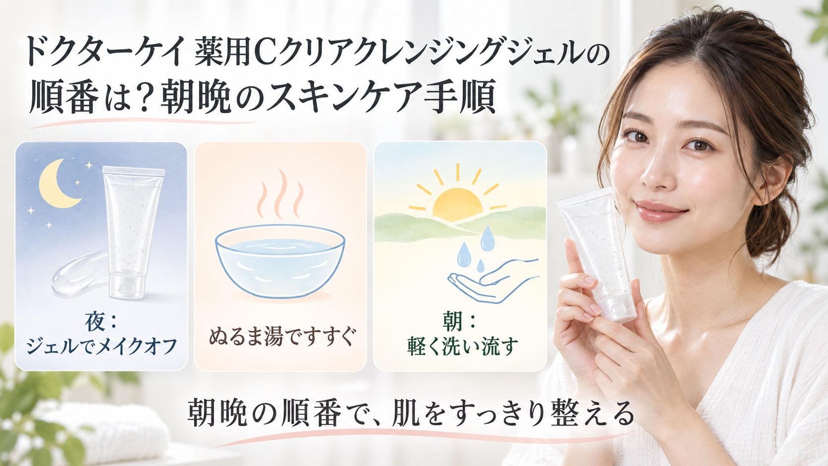 ドクターケイ薬用Cクリアクレンジングジェルの朝晩の順番を3ステップで示す美容ボード
