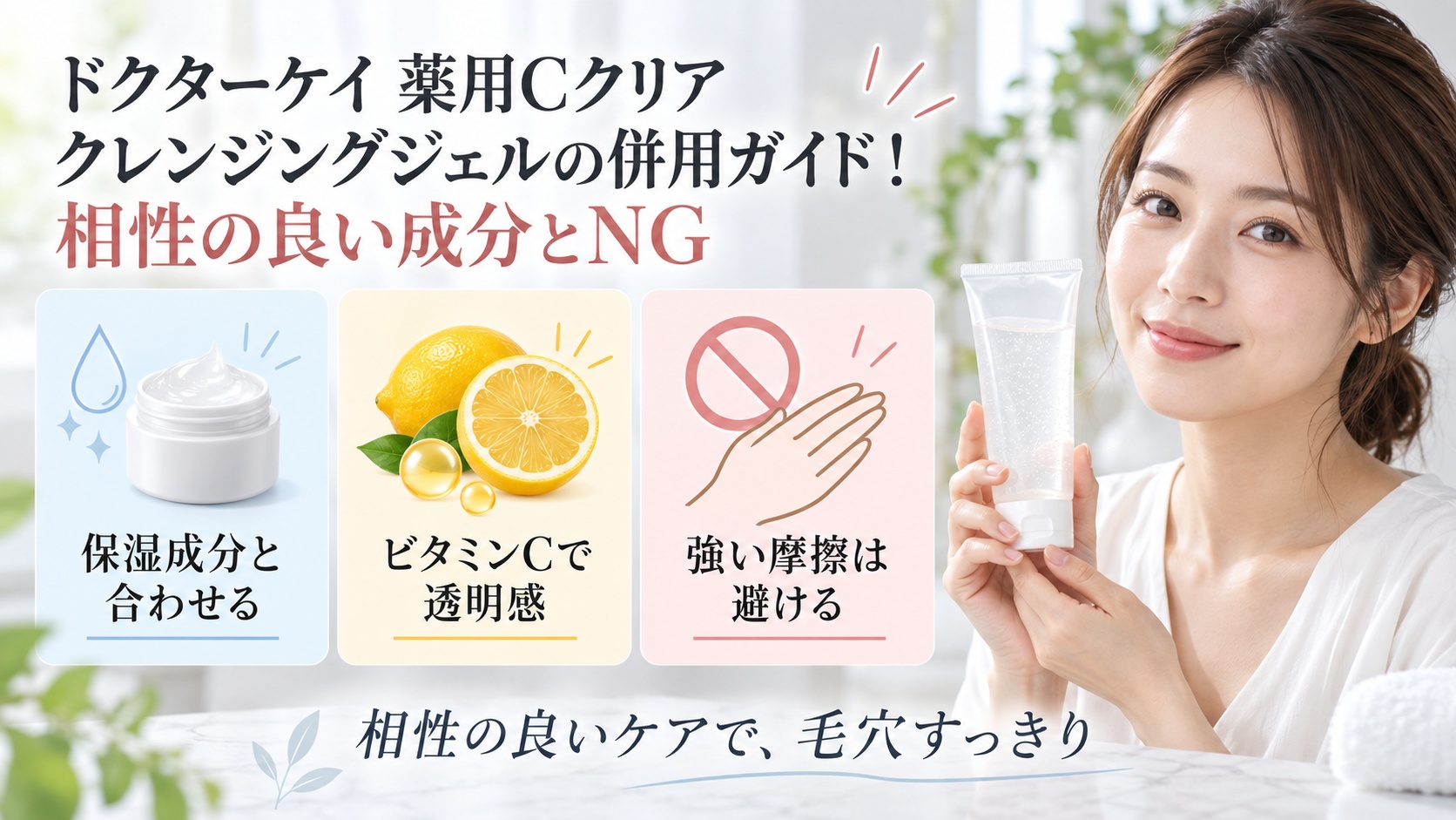 ドクターケイ薬用Cクリアクレンジングジェルの相性の良い成分とNGを3カードで示す美容ボード