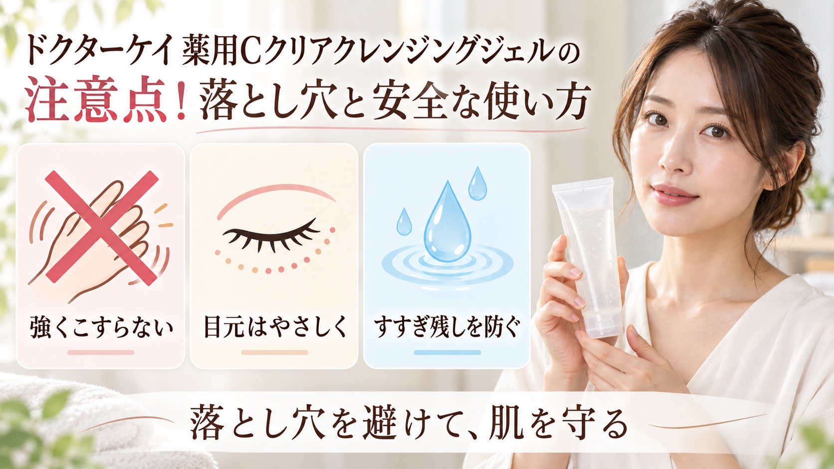ドクターケイ薬用Cクリアクレンジングジェルの注意点と安全な使い方を3カードで示す美容ボード
