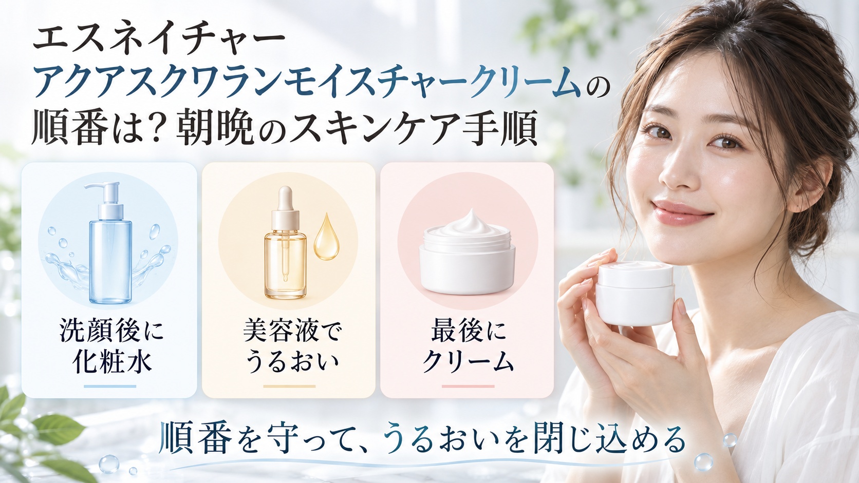 エスネイチャー アクアスクワランモイスチャークリームの朝晩の順番を3ステップで示す美容ボード