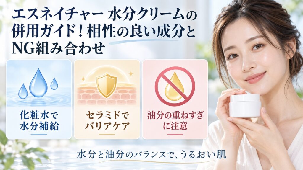 エスネイチャー水分クリームの相性の良い成分とNG組み合わせを3カードで示す美容ボード